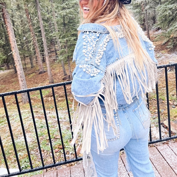 One of a kind!!! HANDCRAFTED!!!! Rhinestone Cowgirl Fringe Jean Jacket - Picture 3 of 4